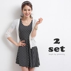 yeomong - Set: 3/4-Sleeve Cardigan + Polka Dot A-Line Dress