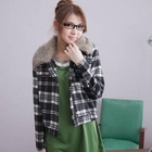 CatWorld - Faux-Fur-Collar Plaid Jacket
