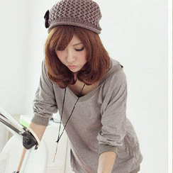 PUFII - V-Neck Hooded Long T-Shirt PUFII - V-Neck Hooded Long T-Shirt