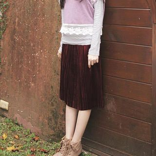 Pleated Velvet Midi Skirt