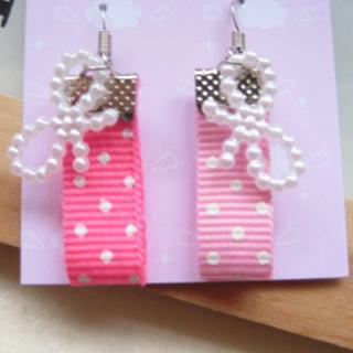 Hand made Pink spot cottons with ribbons earrings