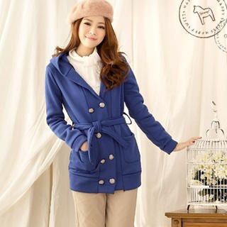 Double-Breasted Hooded Coat With Sash Double-Breasted Hooded Coat With Sash
