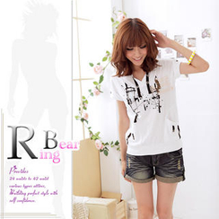 RingBear - 造型釦條口袋連帽印圖棉質上衣 RingBear - 造型釦條口袋連帽印圖棉質上衣