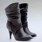 Moonbasa - Genuine Leather Rhinestone Shirred Boots