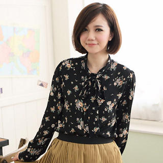 Tie-Neck Floral Chiffon Blouse