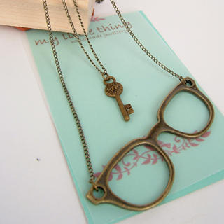 Copper Vintage Looking Glasses & Key Double Necklace Copper Vintage Looking Glasses & Key Double Necklace
