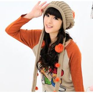 Pompom Detail Fringed Beanie