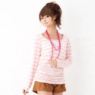 Ruched Long-Sleeve Stripe Top