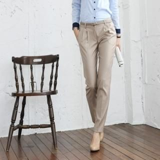 Set: Pleat-Front Slim-Fit Pants + Belt
