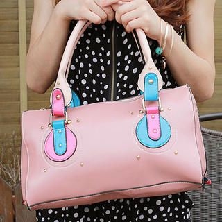 Studded Contrast-Strap Boston Bag