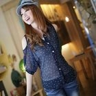 Kiwi Shop - Set: Off-Shoulder Dotted Chiffon Blouse+Camisole