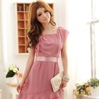 JK2 - Satin-Waistline Ruffle Chiffon Dress