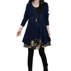 Splashmix - Long-Sleeve Floral Panel Knit Dress Splashmix - Long-Sleeve Floral Panel Knit Dress