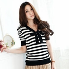 Tokyo Fashion - Tie-Neck Shirred Striped Knit Top