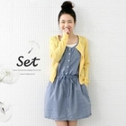 lovemark - Set: Drawstring-Waist Denim Dress + Cardigan