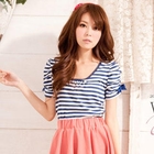 YUMI - Bow-Accent Puff-Sleeve Striped T-Shirt