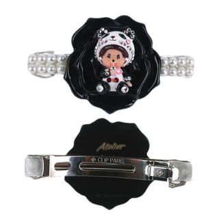 Black Flower Acrylic Pearl Hairclip with Animal MCC Panda Monchhichi