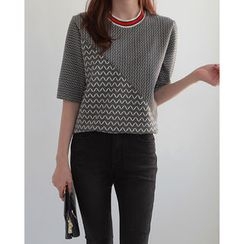 NIPONJJUYA - Short-Sleeve Chevron Knit Top NIPONJJUYA - Short-Sleeve Chevron Knit Top