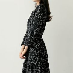 UPTOWNHOLIC - Wrap-Front Dotted Long Dress UPTOWNHOLIC - Wrap-Front Dotted Long Dress