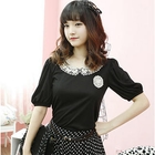 Dodostyle - Lace-Collar Puff-Sleeve Top with Brooch