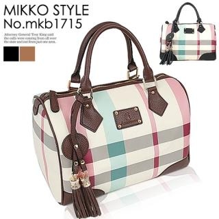 Tassel-Accent Plaid Boston Bag with Cross Strap