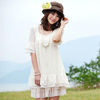Bell-Sleeve Frill-Hem Lace Dress