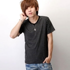 SeventyAge - V-Neck Striped Short-Sleeve Tee
