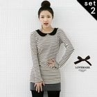 lovemark - Set: Peter-Pan Collar Striped Top + Inset Miniskirt Tights