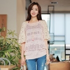 CLICK - Lace-Trim Sleeve Pointelle Knit Top
