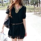 ARIA MALL - Studded Pleated Chiffon Mini Dress with Chain-Trim Belt 