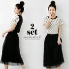 lovemark - Set: Polka-Dot Short-Sleeve Top + Long Pleated Tulle Skirt