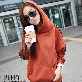 Plaid-Shoulder Hooded Pullover
