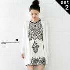 lovemark - Set: Wool Blend Cardigan + V-Neck Patterned Dress