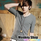 Monkey Shop - Striped Elbow-Sleeve V-Neck Tee