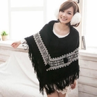 CatWorld - Fringed Hooded Pattern Knit Poncho