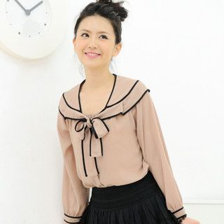Tie-Neck Piped Chiffon Blouse
