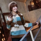 CLICK - Pompom-Accent Hooded Striped Sweater