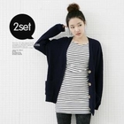 lovemark - Set: Wool Blend Cardigan + Long-Sleeve Striped Top