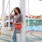 CLICK - Set: Cut-Away Shoulder Floral Print Top + String Belt