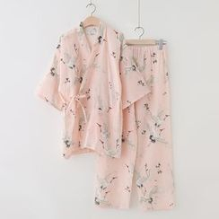 Meimei - 家居服套裝: 鶴印花裹式上衣 + 長褲 Meimei - 家居服套裝: 鶴印花裹式上衣 + 長褲