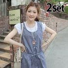 CLICK - Set: Sleeveless Denim Dress + Puff-Sleeve Top