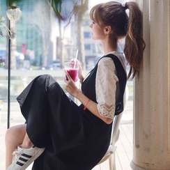 Dowisi - Set : Elbow-Sleeve Lace Top + Sleeveless Dress Dowisi - Set : Elbow-Sleeve Lace Top + Sleeveless Dress