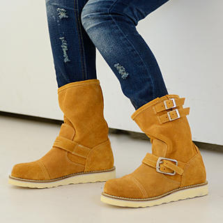 Genuine Suede Buckled Short Boots
