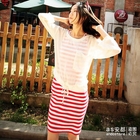 Ando Store - Set: Drawstring Chiffon Pullover + Striped Tank Dress