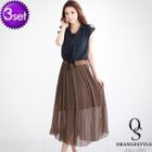 Orange Style - Set: Tie-Front Blouse + Pleated Skirt + Woven Belt
