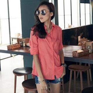 Button-Up Tab-Sleeve Blouse