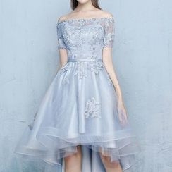 名贵风格 - 露肩短袖前短后长礼服裙 名贵风格 - 露肩短袖前短后长礼服裙