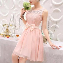 MSSBridal - 无袖饰蝴蝶结蕾丝 A 字礼服裙 MSSBridal - 无袖饰蝴蝶结蕾丝 A 字礼服裙