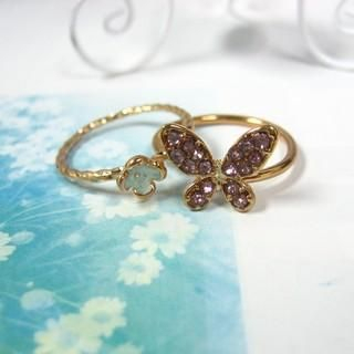 Rhinestone Butterfly with Little Flower Double Rings
