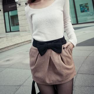 PUFII - Bow-Accent Wool Skirt PUFII - Bow-Accent Wool Skirt